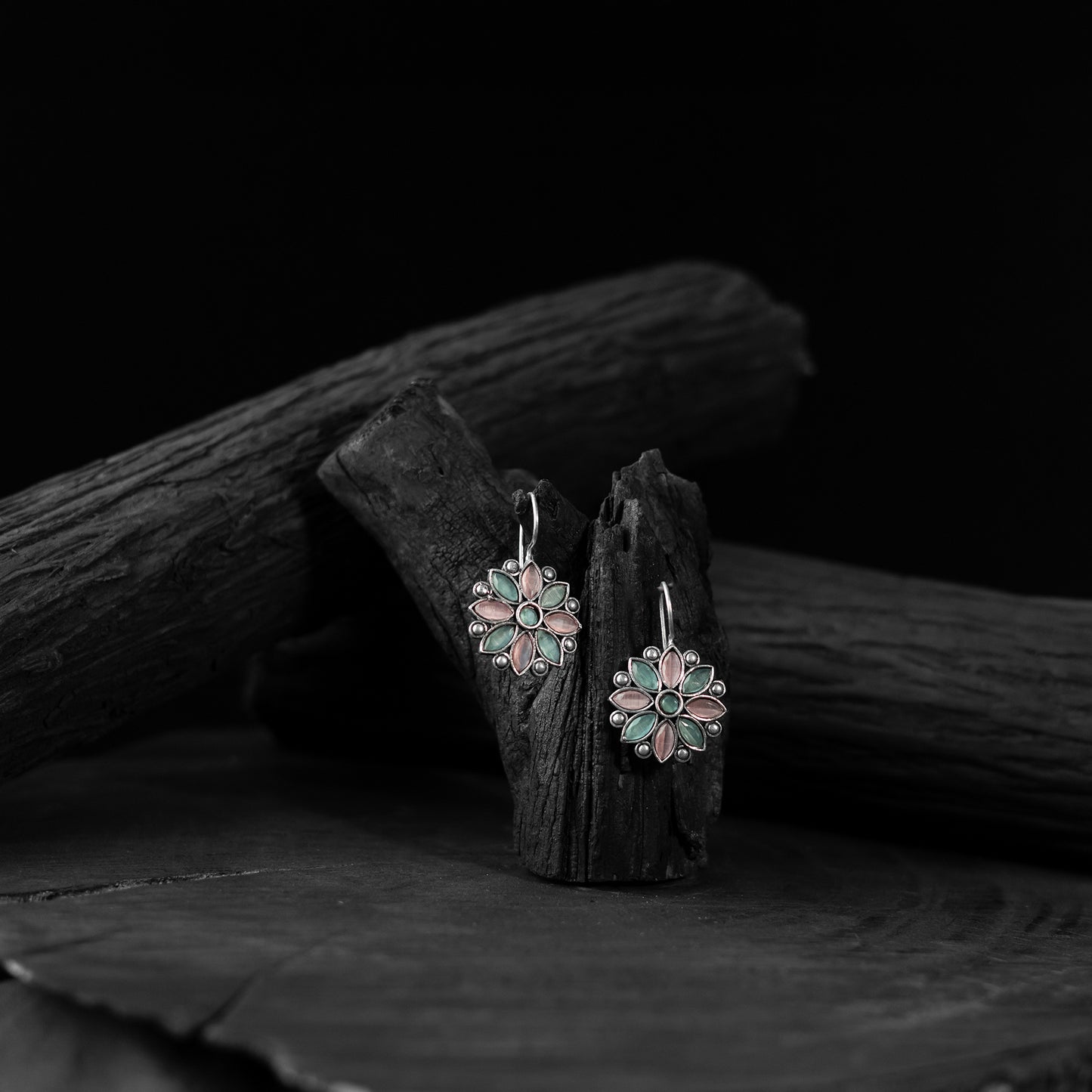 Pink & Green Flower Saanjh Bela Oxidised Drop Earrings