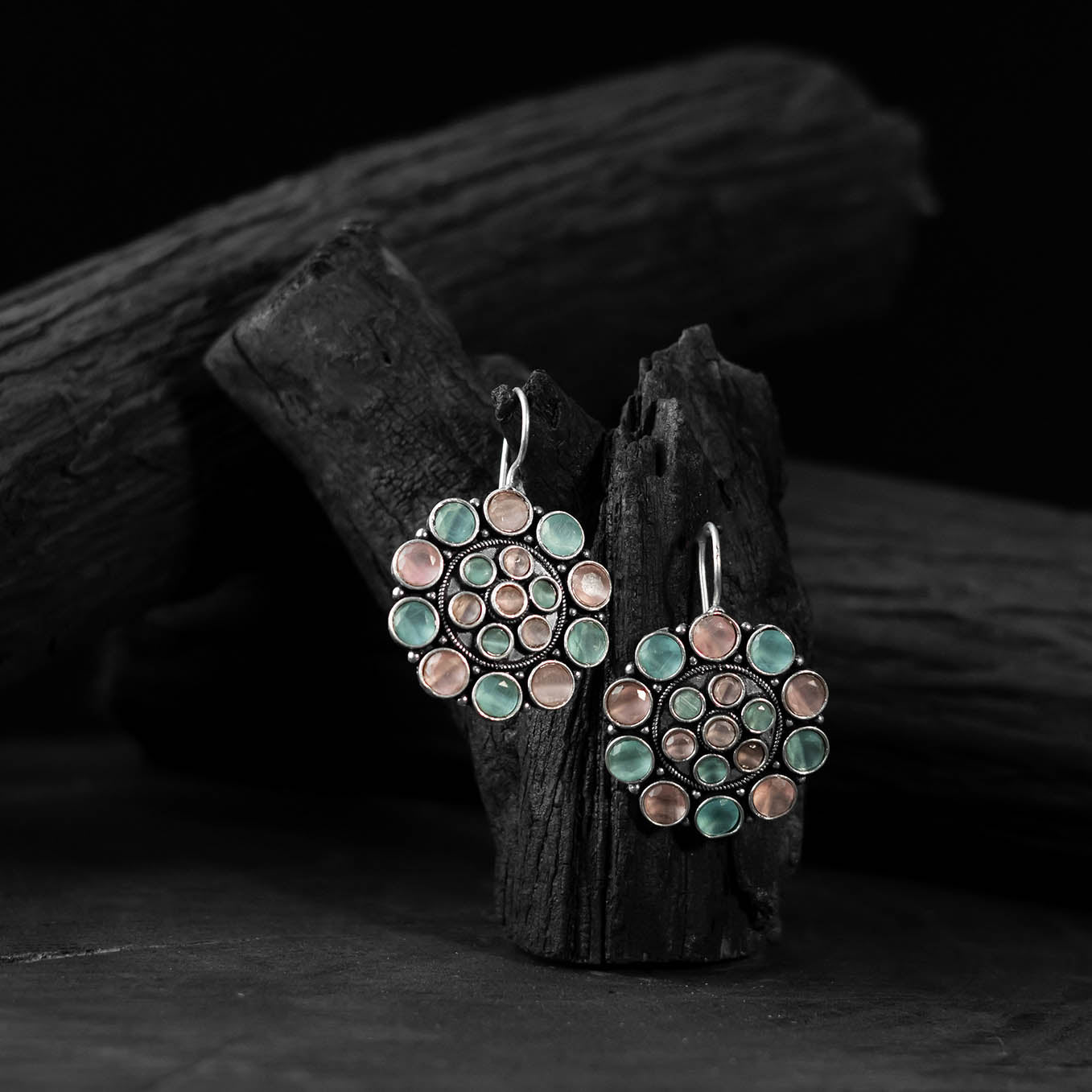Saanjh Bela Pink & Green Flower Oxidised Drop Earrings