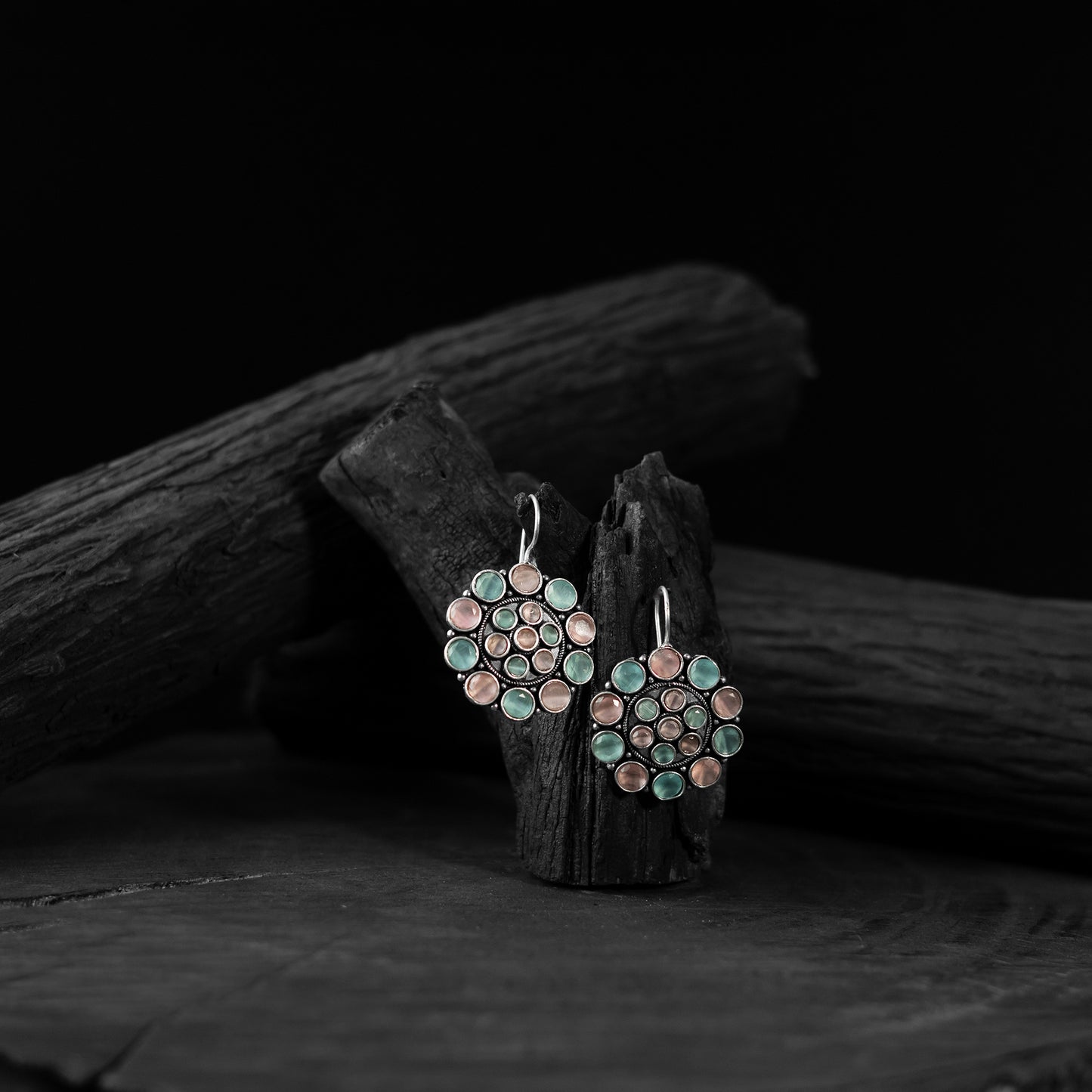 Saanjh Bela Pink & Green Flower Oxidised Drop Earrings
