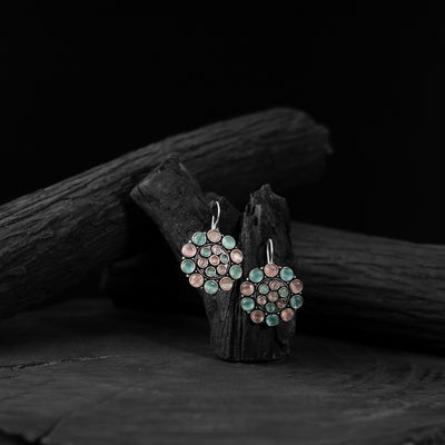 Saanjh Bela Pink & Green Flower Oxidised Drop Earrings