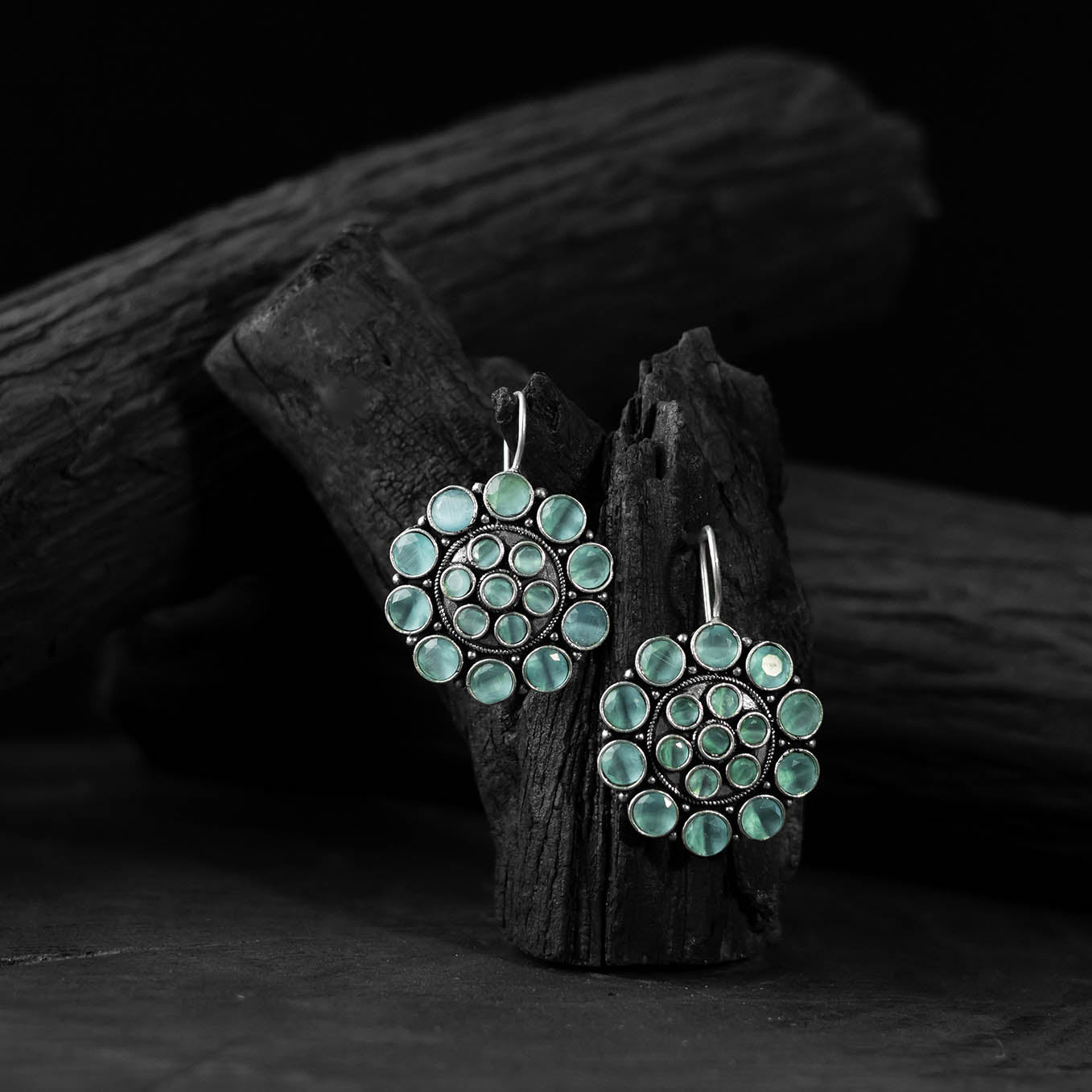 Mint Green Flower Saanjh Bela Oxidised Drop Earrings