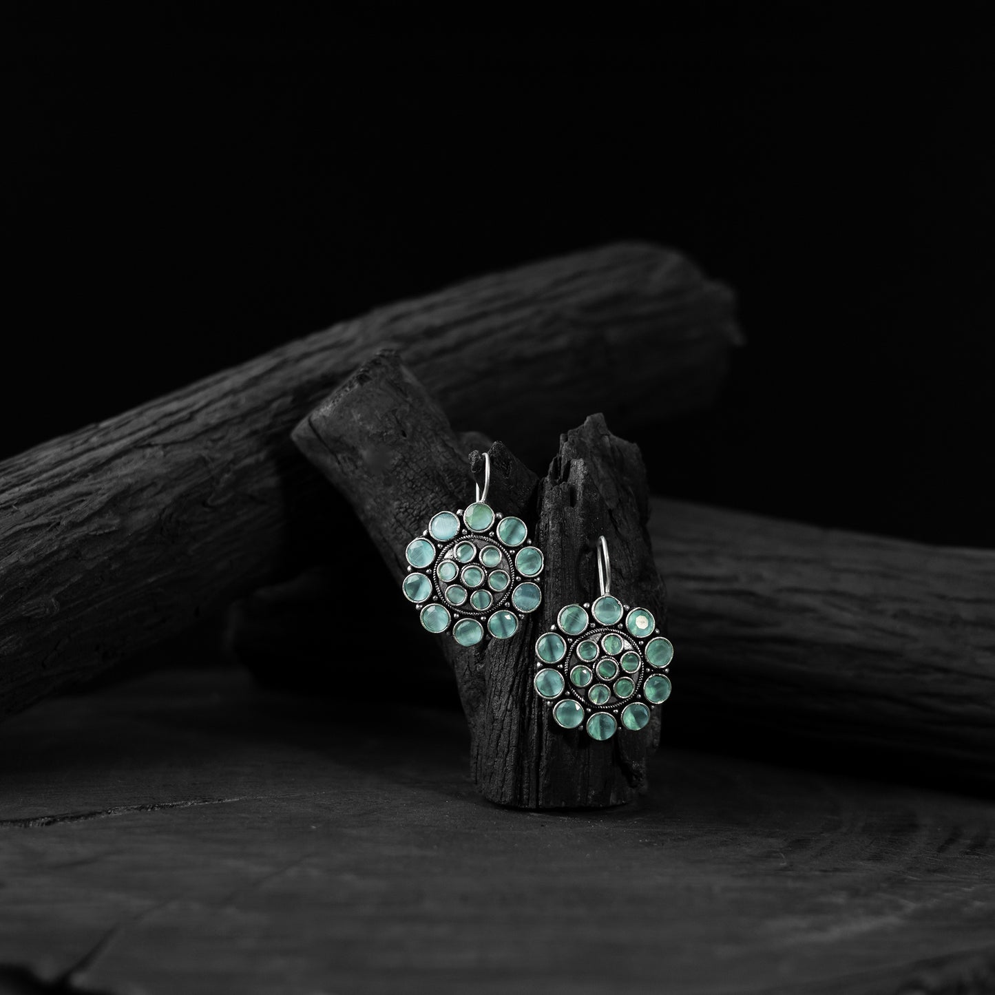 Mint Green Flower Saanjh Bela Oxidised Drop Earrings