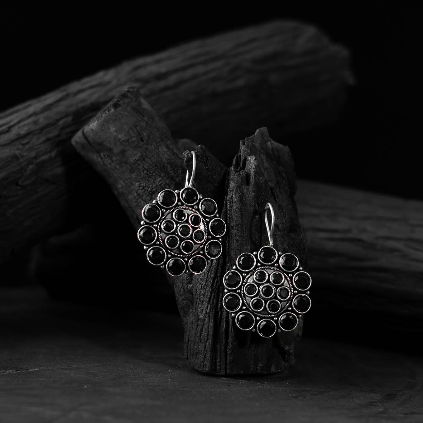 Black Saanjh Bela Floral Oxidised Drop Earrings