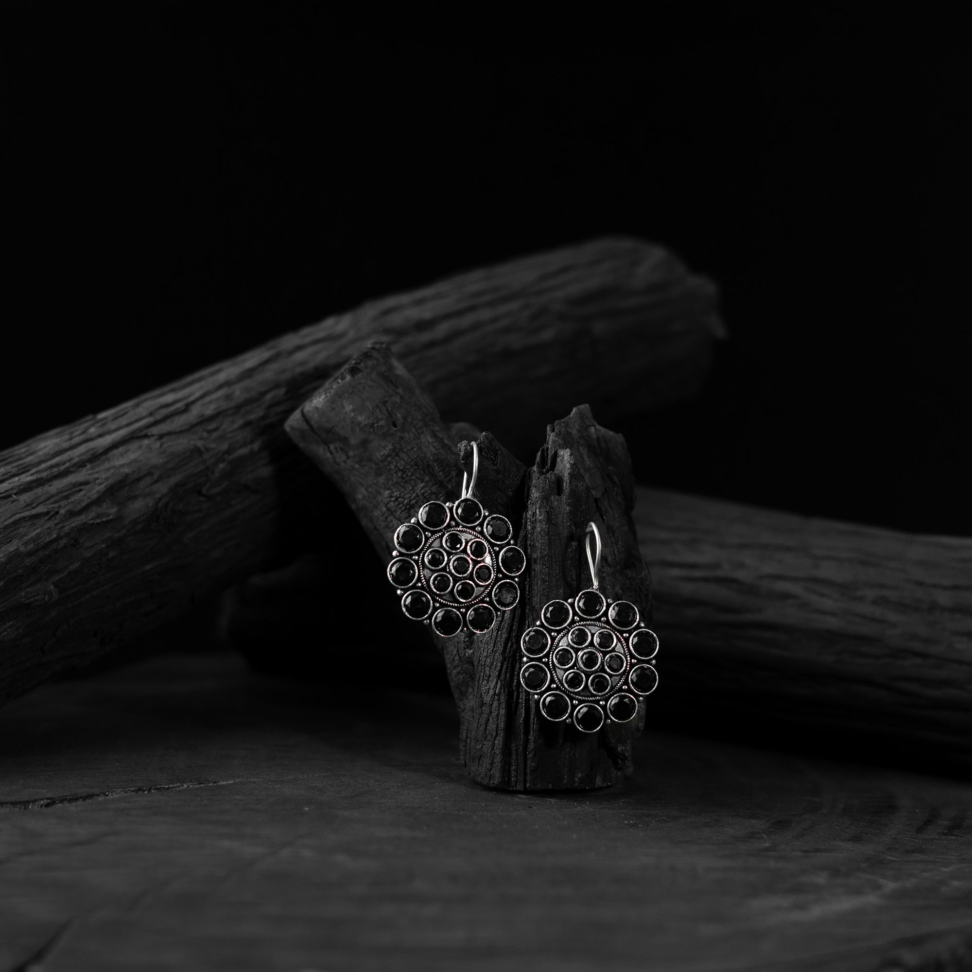 Black Saanjh Bela Floral Oxidised Drop Earrings