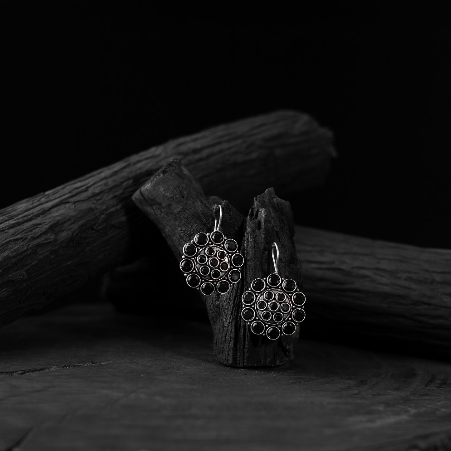 Black Saanjh Bela Floral Oxidised Drop Earrings