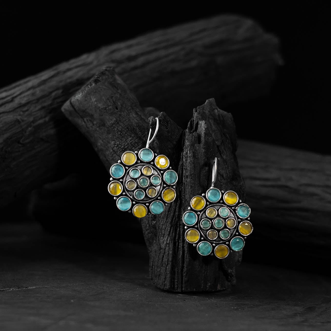 Yellow & Blue Saanjh Bela Floral Oxidised Drop Earrings