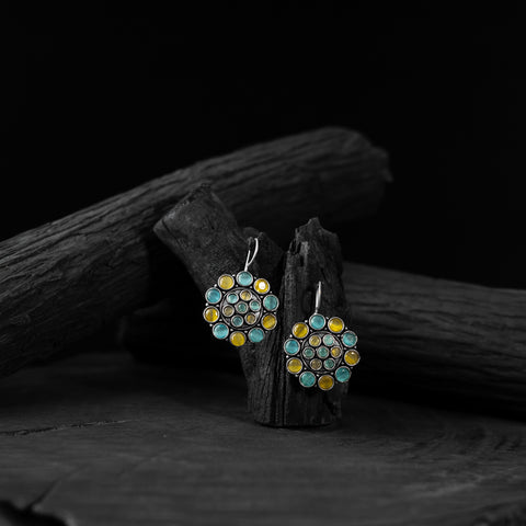 Yellow & Blue Saanjh Bela Floral Oxidised Drop Earrings