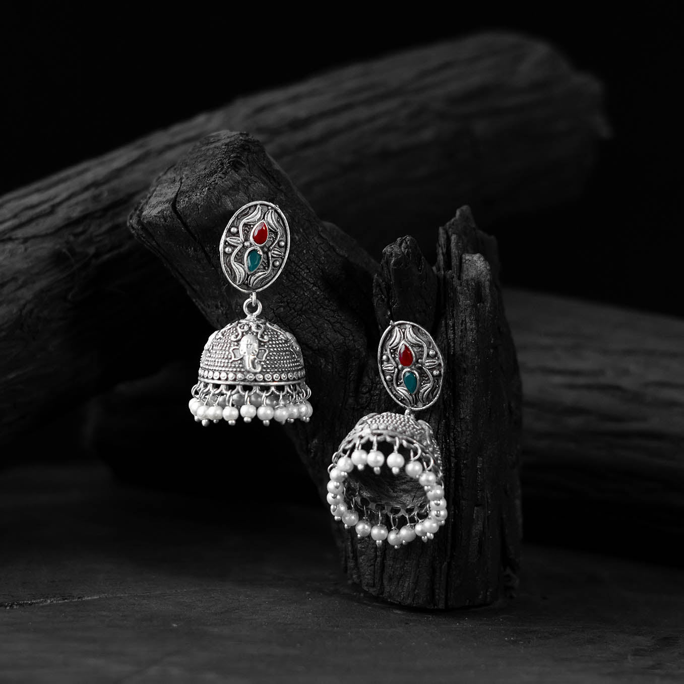 Saanjh Bela Red & Green Stone Oxidised Jhumka Earrings