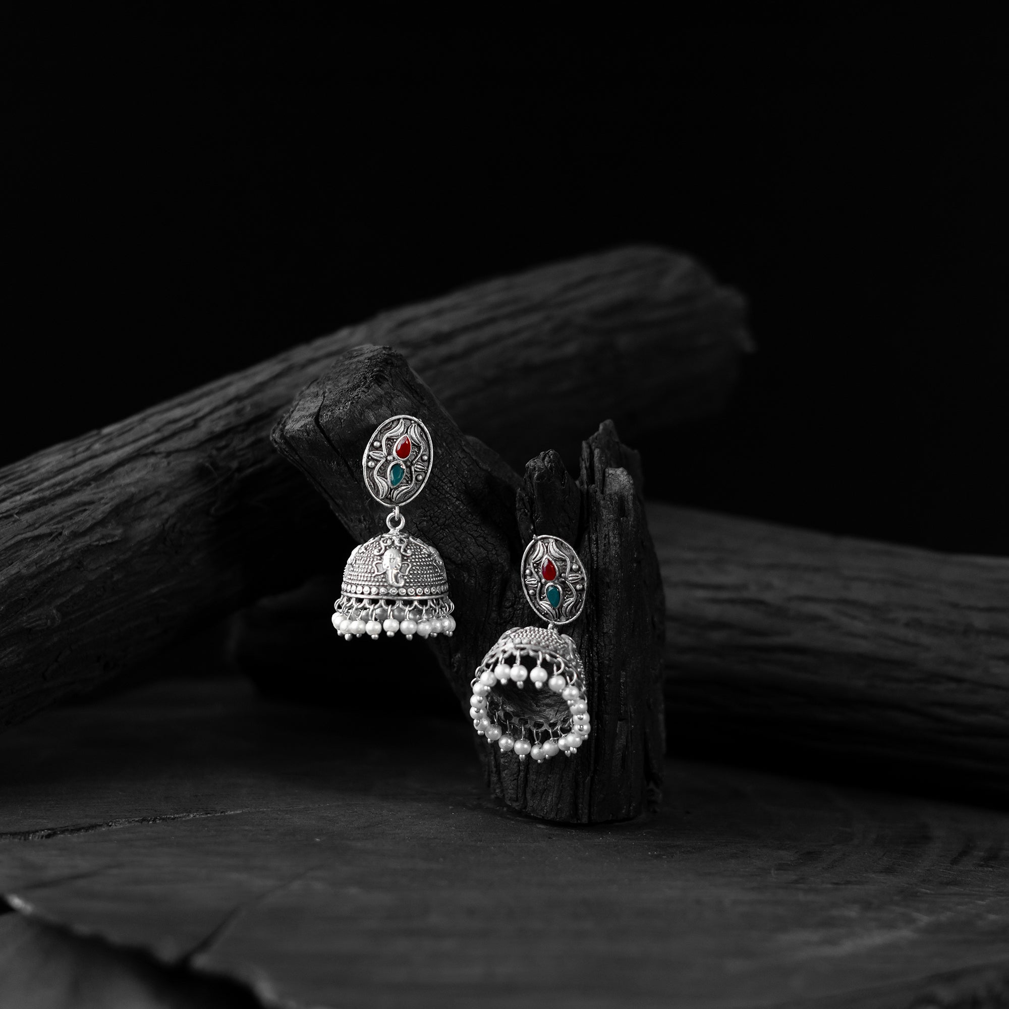 Saanjh Bela Red & Green Stone Oxidised Jhumka Earrings