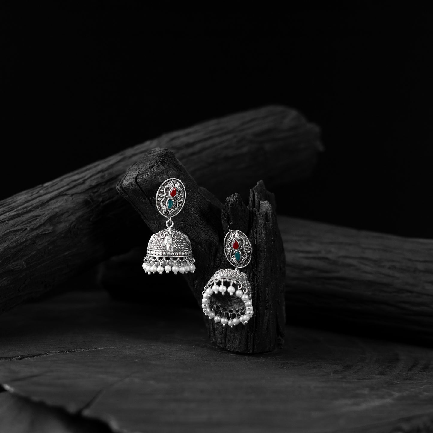 Saanjh Bela Red & Green Stone Oxidised Jhumka Earrings
