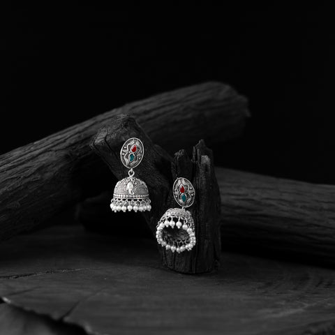 Saanjh Bela Red & Green Stone Oxidised Jhumka Earrings