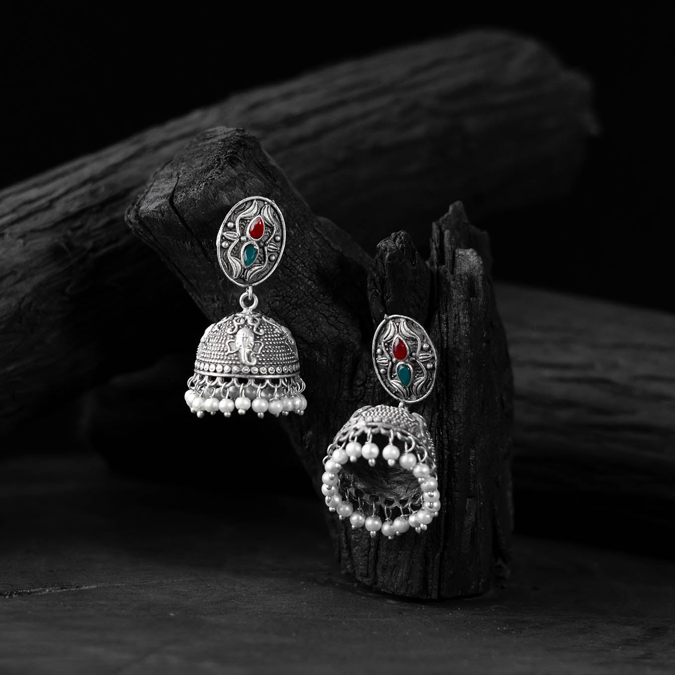 Saanjh Bela Green & Red Elephant Oxidised Jhumka Earrings