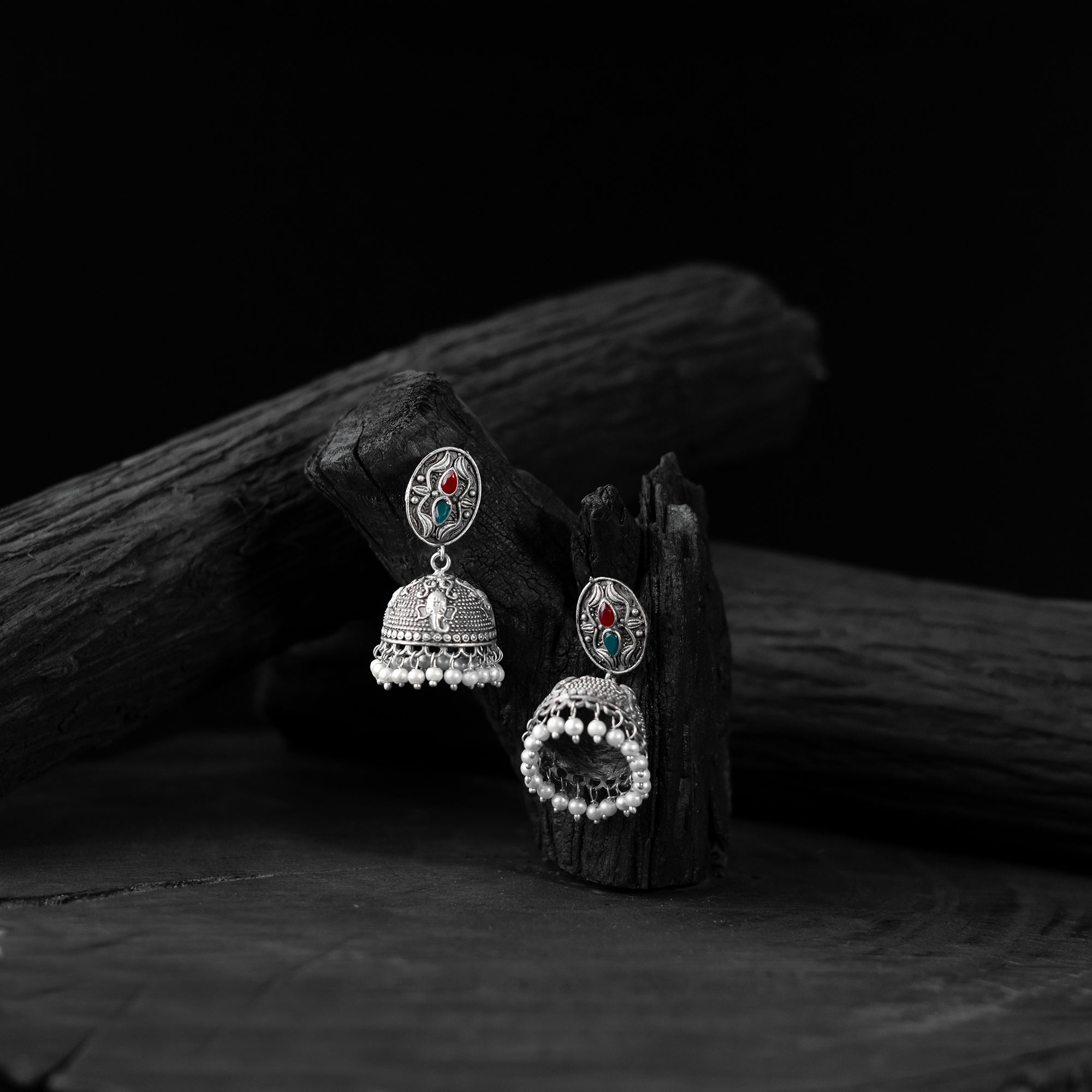 Saanjh Bela Green & Red Elephant Oxidised Jhumka Earrings