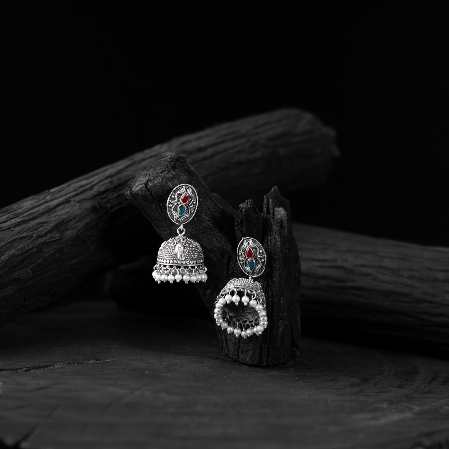 Saanjh Bela Green & Red Elephant Oxidised Jhumka Earrings