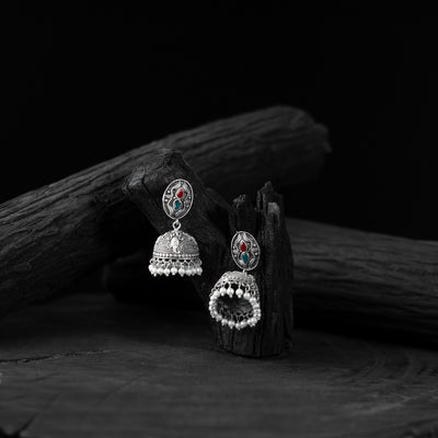 Saanjh Bela Green & Red Elephant Oxidised Jhumka Earrings