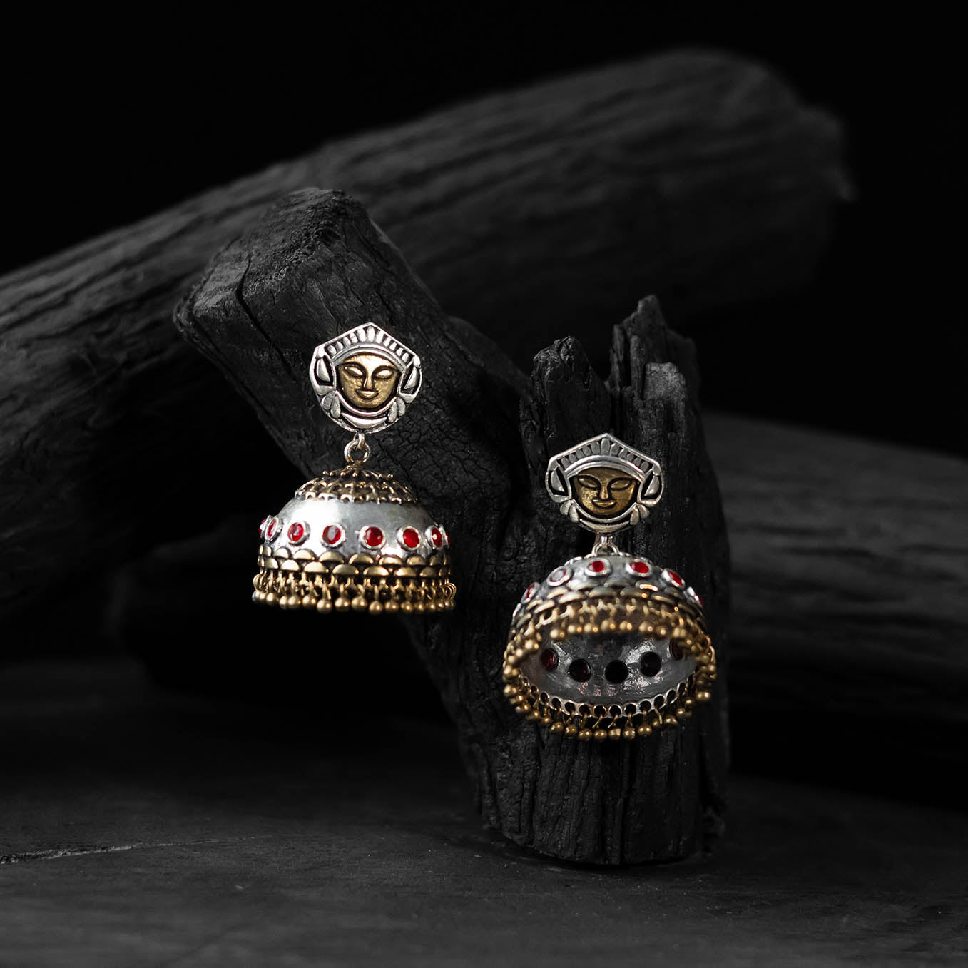 Saanjh Bela Red Goddess Durga Oxidised Jhumka Earrings