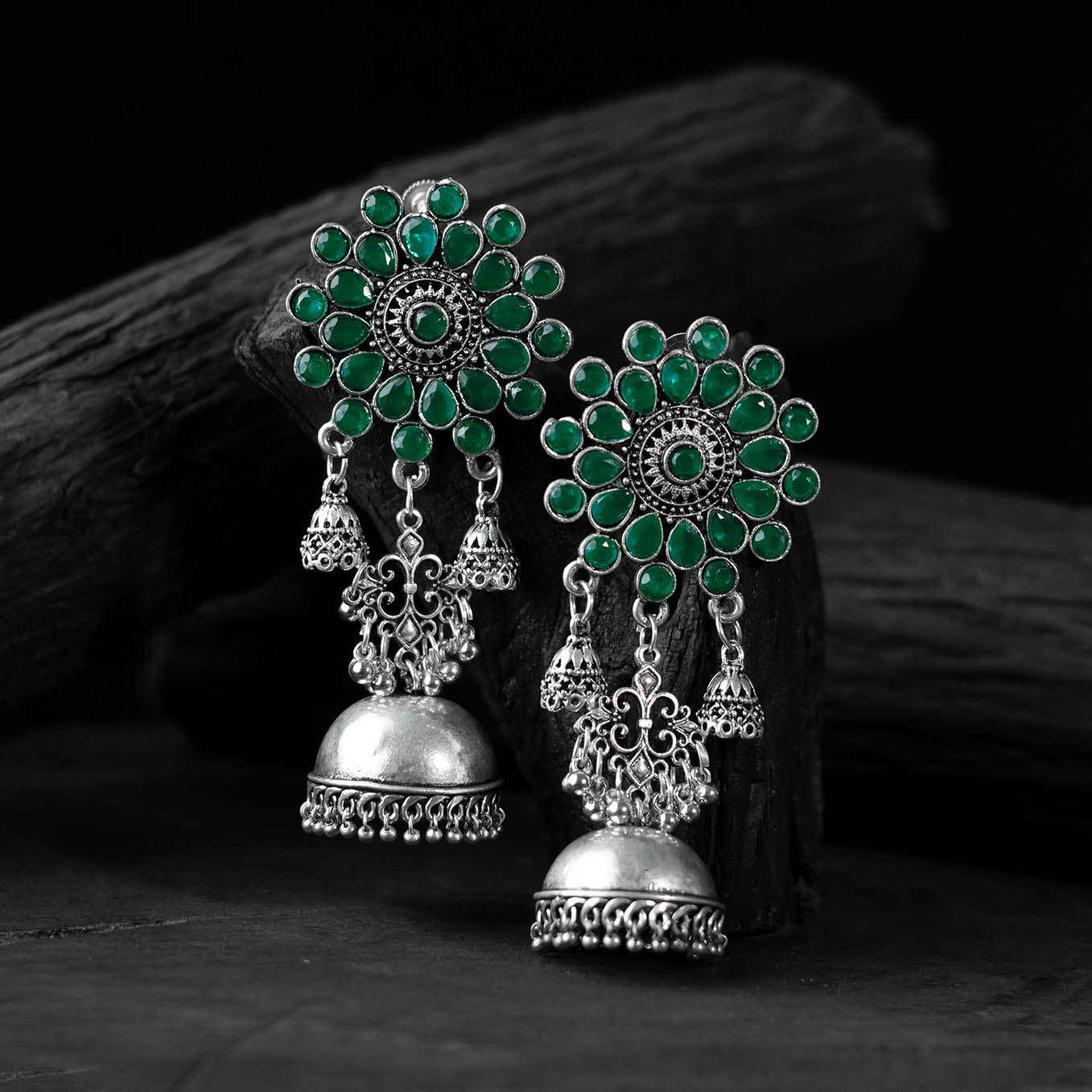 Green Saanjh Bela Blossom Oxidised Jhumka Earrings