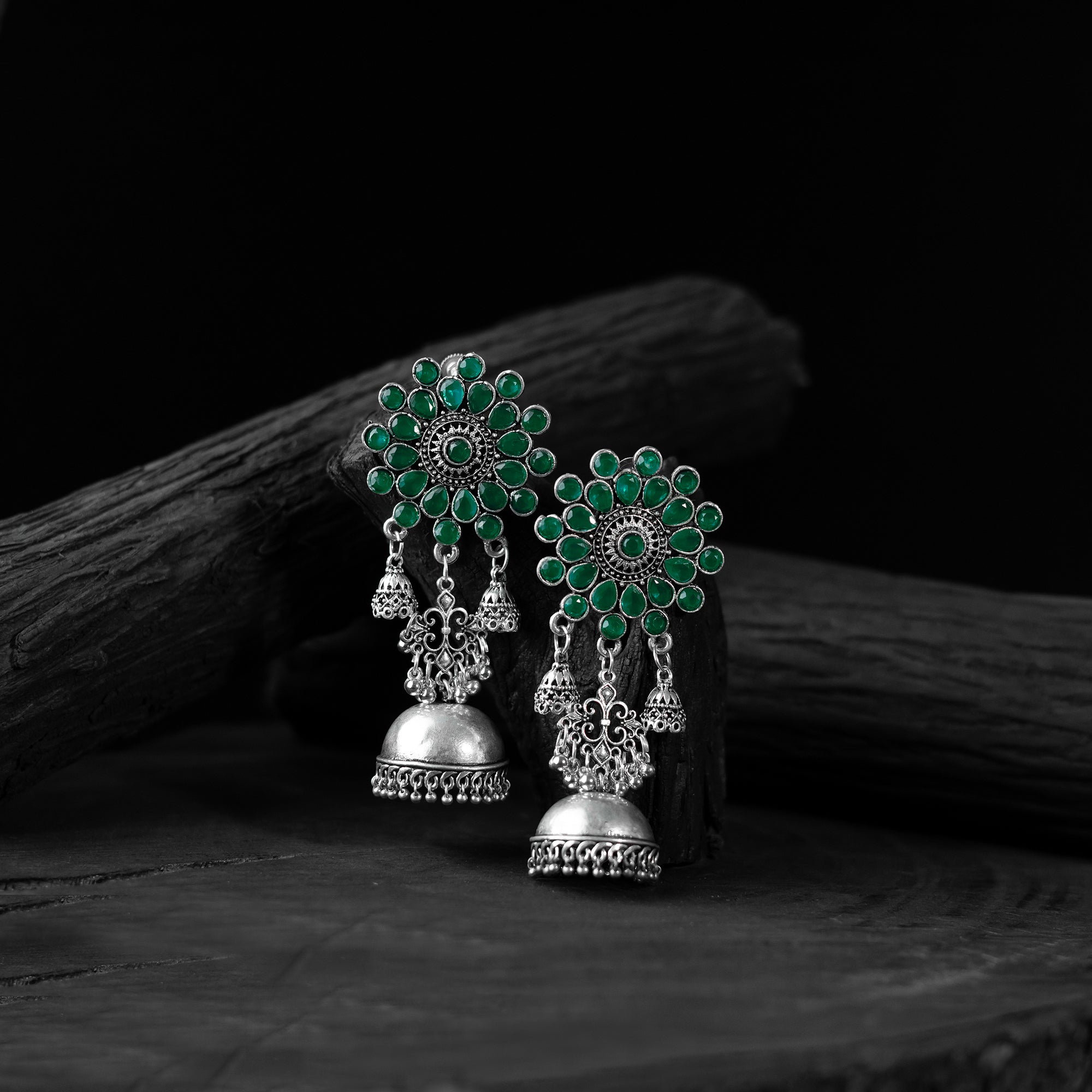 Green Saanjh Bela Blossom Oxidised Jhumka Earrings