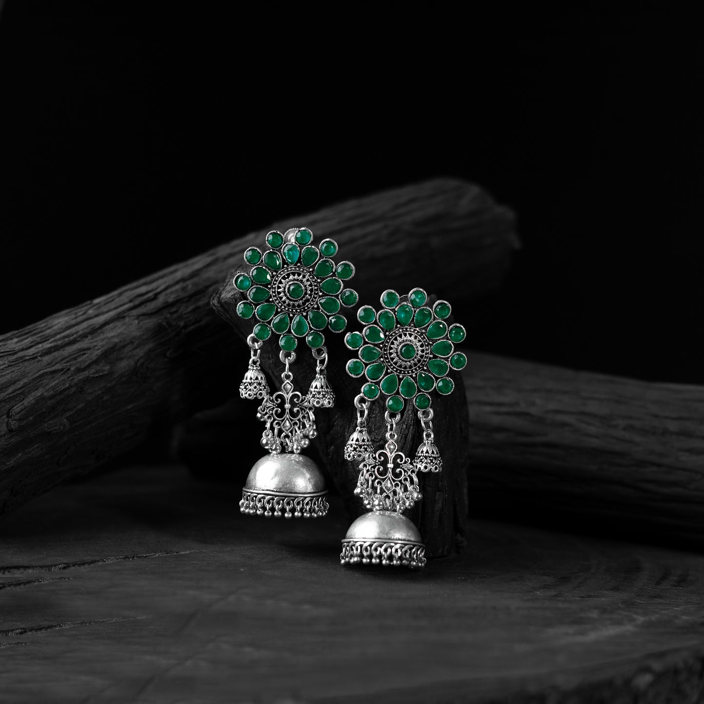 Green Saanjh Bela Blossom Oxidised Jhumka Earrings