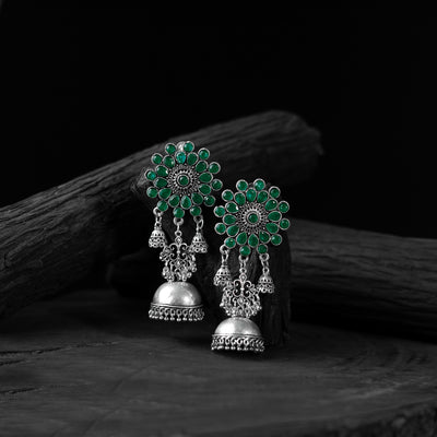Green Saanjh Bela Blossom Oxidised Jhumka Earrings