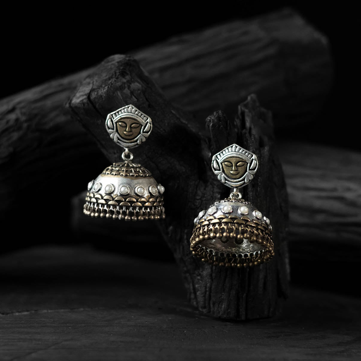 Saanjh Bela Goddess Durga Oxidised Jhumka Earrings