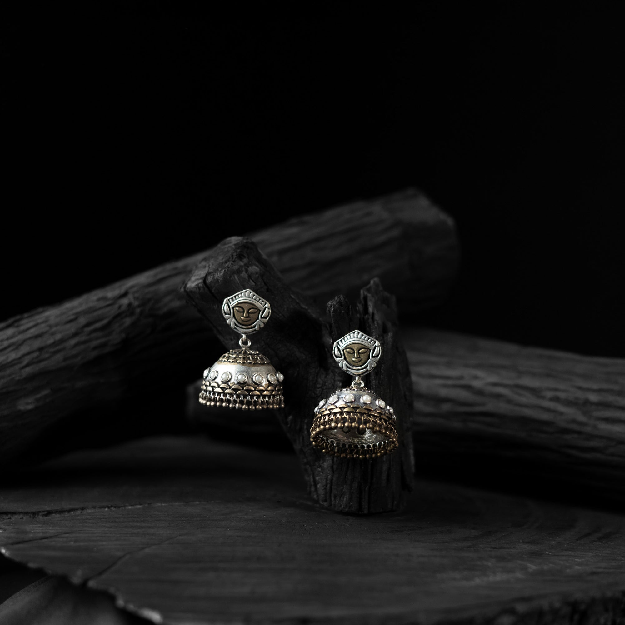 Saanjh Bela Goddess Durga Oxidised Jhumka Earrings