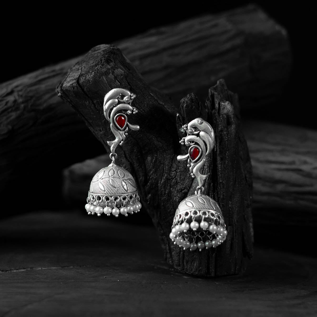 Saanjh Bela Red Mayuri Oxidised Jhumka Earrings