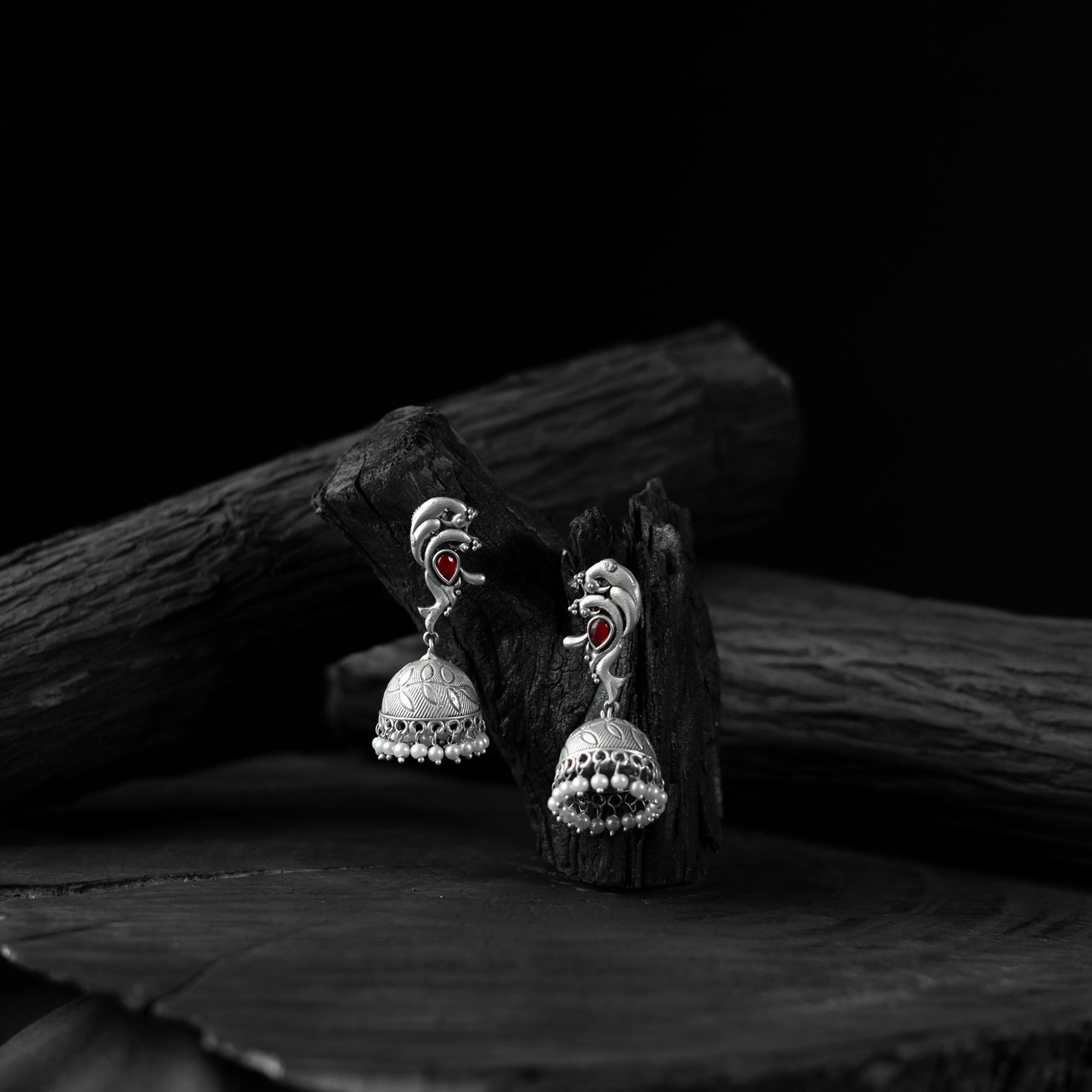 Saanjh Bela Red Mayuri Oxidised Jhumka Earrings