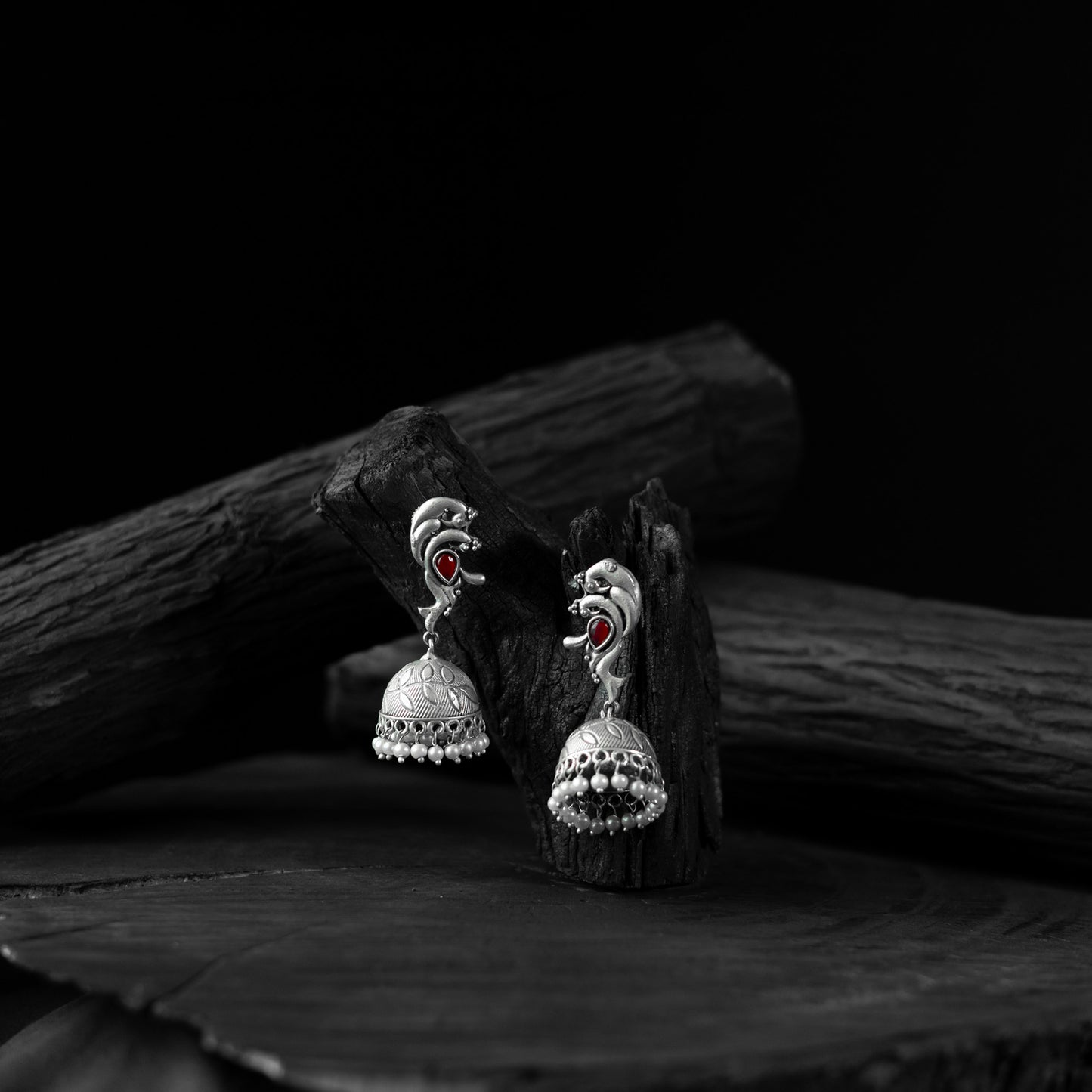 Saanjh Bela Red Mayuri Oxidised Jhumka Earrings