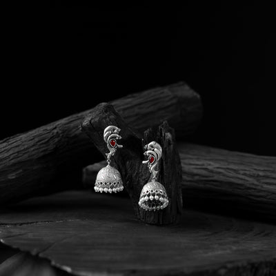 Saanjh Bela Red Mayuri Oxidised Jhumka Earrings