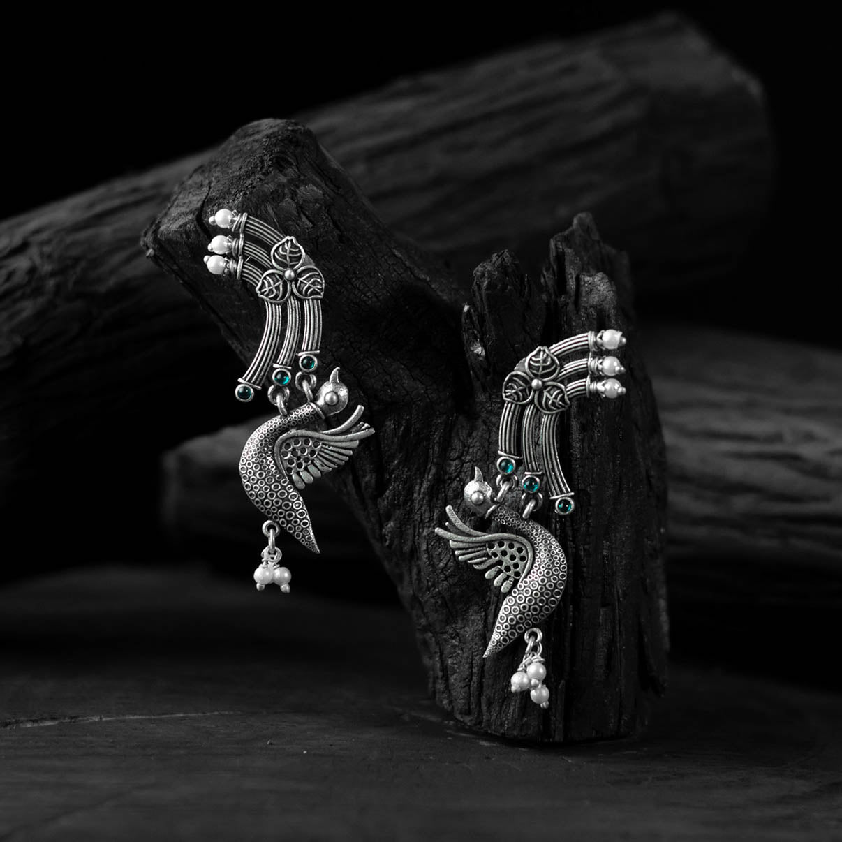 Saanjh Bela Peacock & Leaves Oxidised Earrings