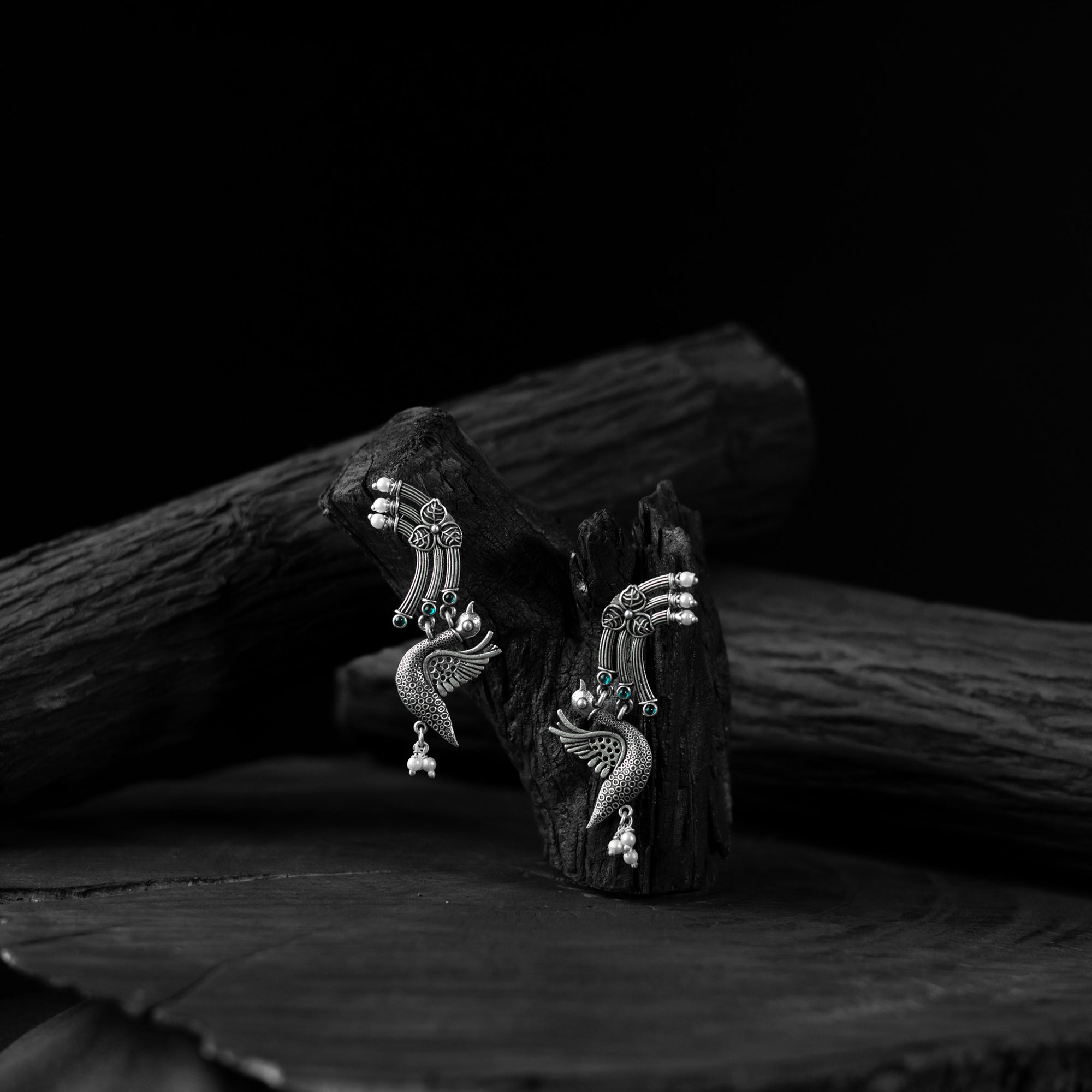 Saanjh Bela Peacock & Leaves Oxidised Earrings