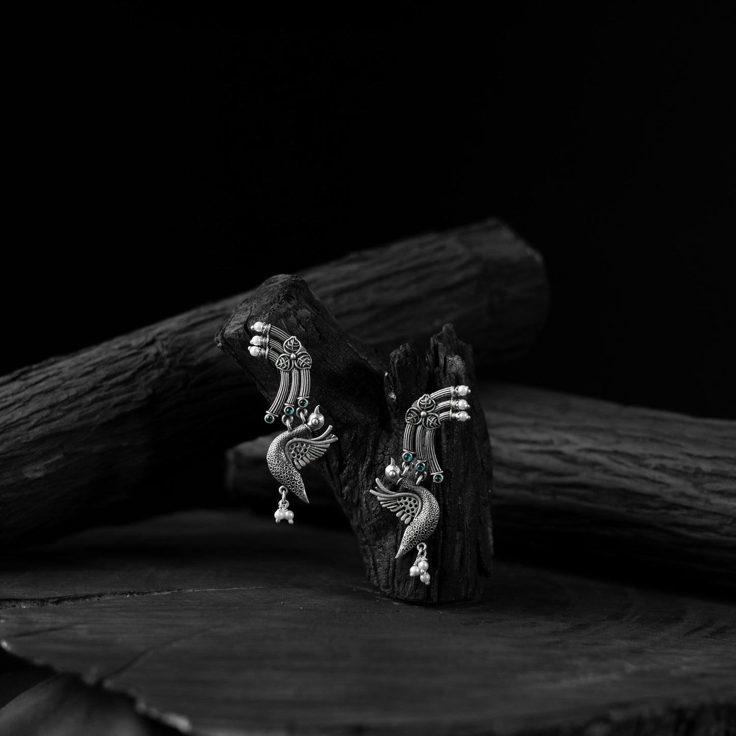Saanjh Bela Peacock & Leaves Oxidised Earrings