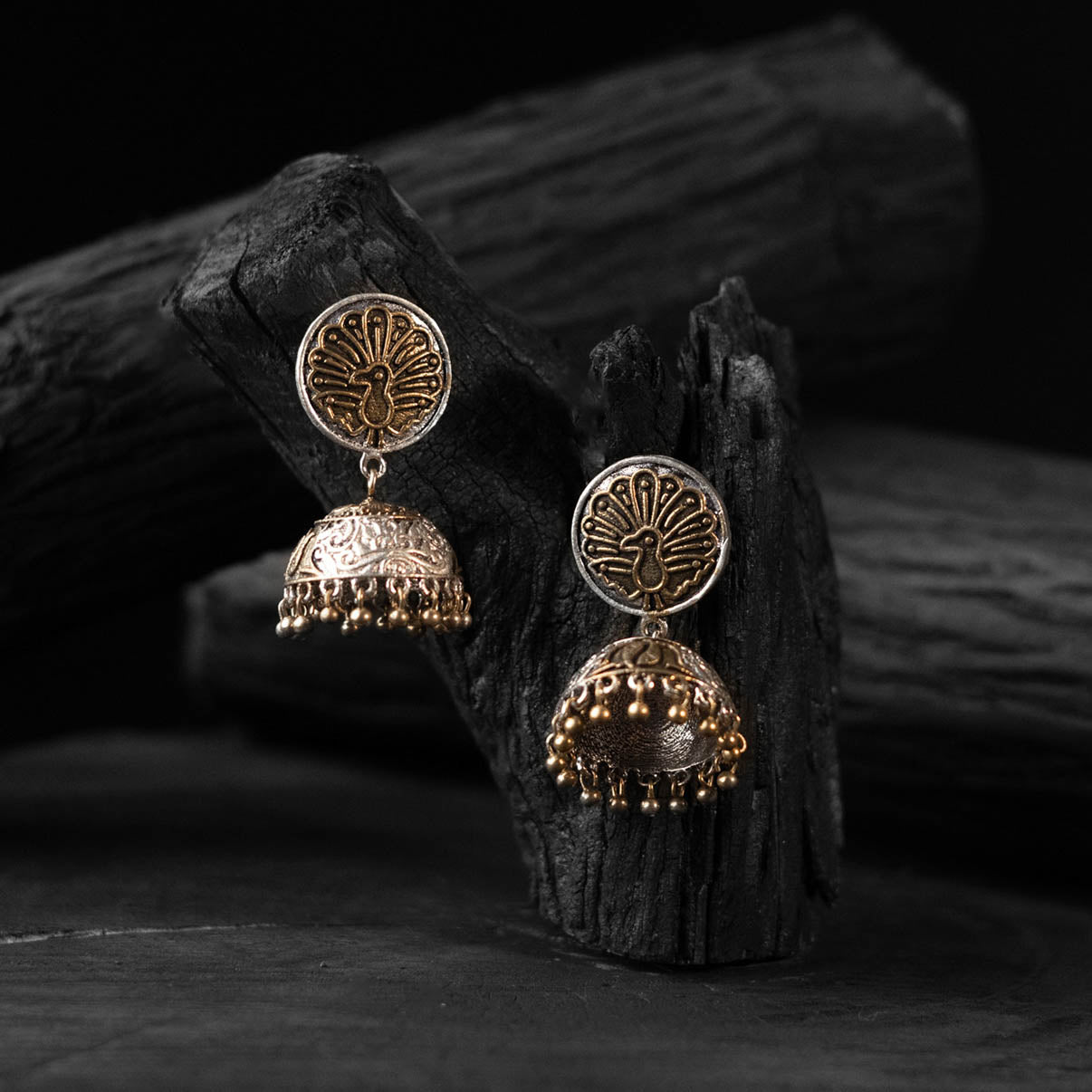Saanjh Bela Gold Peacock Oxidised Jhumka Earrings