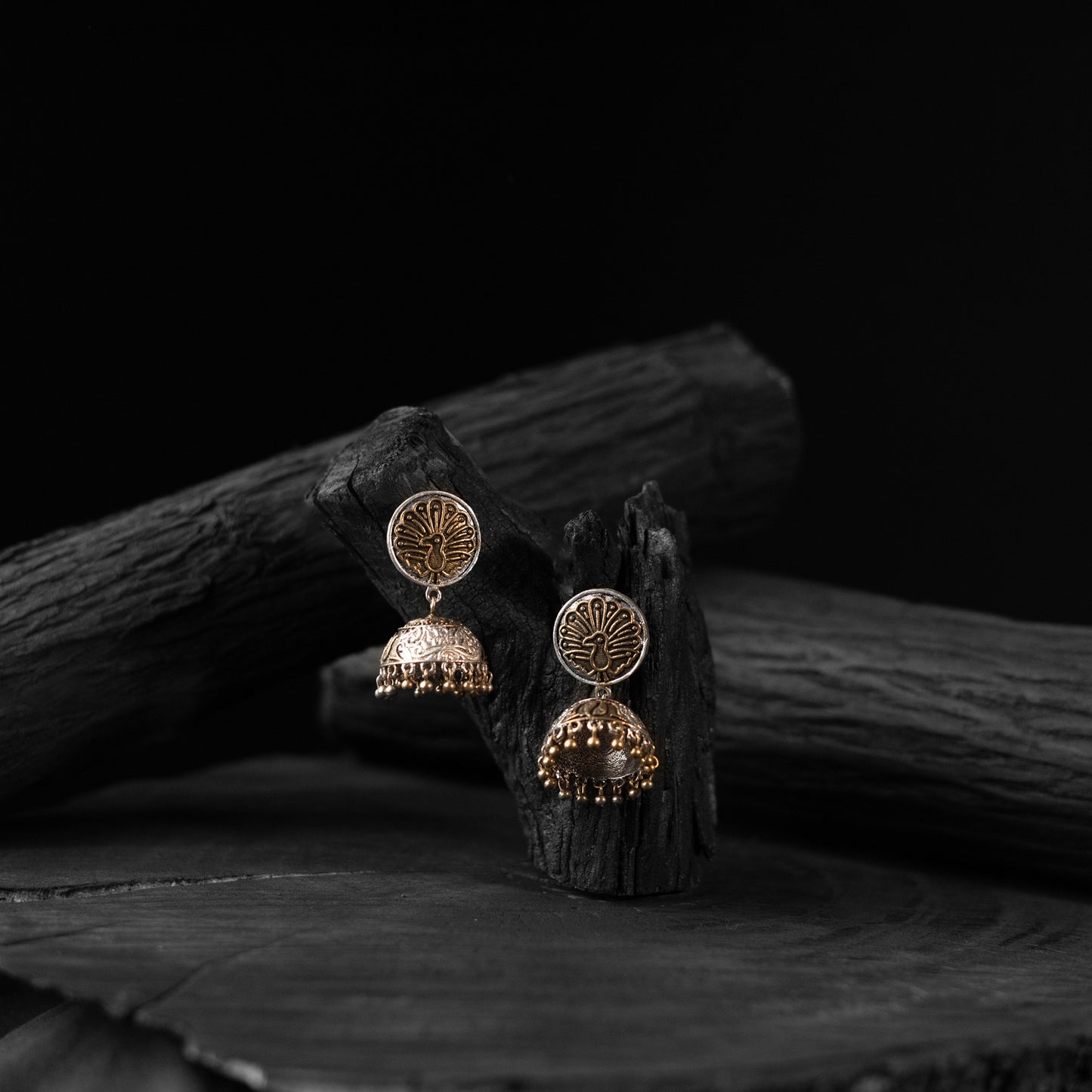Saanjh Bela Gold Peacock Oxidised Jhumka Earrings