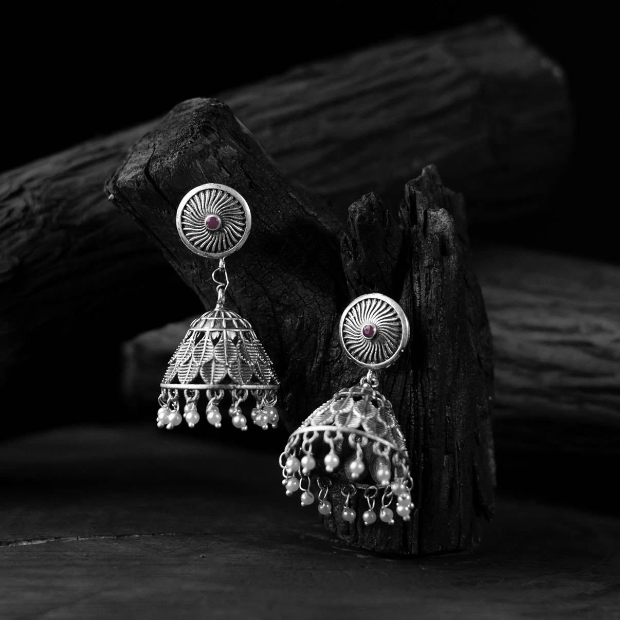Saanjh Bela Purple Leaves Oxidised Jhumka Earrings