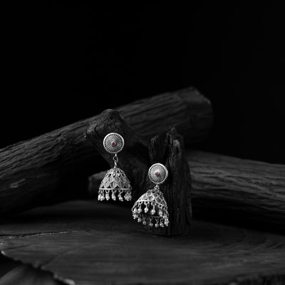 Saanjh Bela Purple Leaves Oxidised Jhumka Earrings