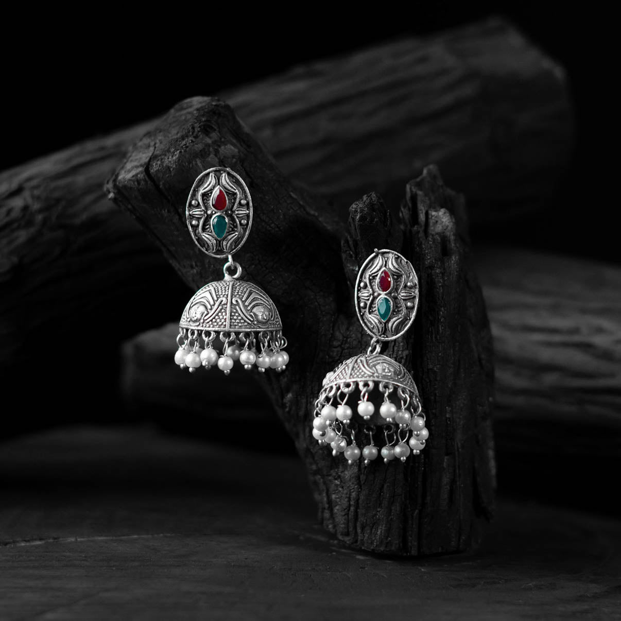Saanjh Bela Green & Red Stone Oxidised Jhumka Earrings