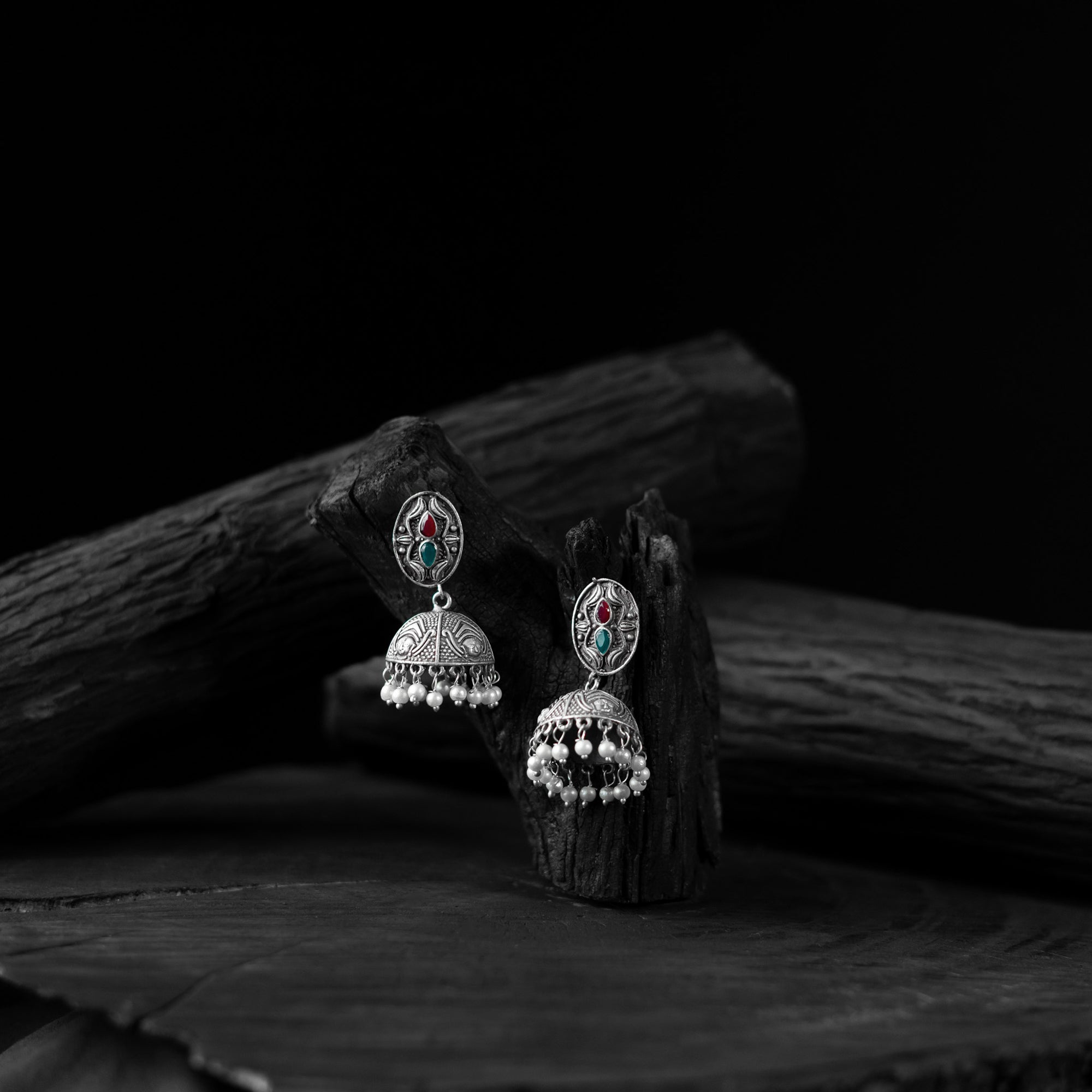 Saanjh Bela Green & Red Stone Oxidised Jhumka Earrings