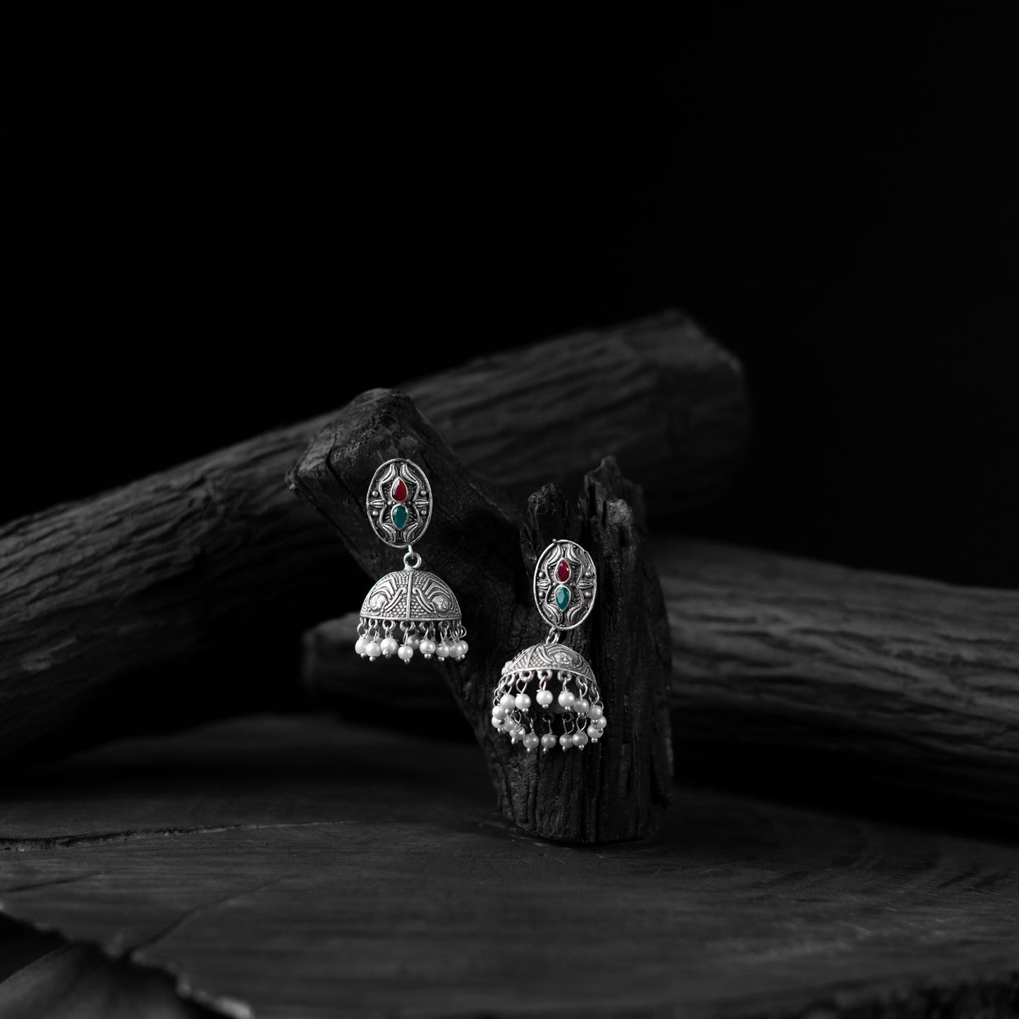 Saanjh Bela Green & Red Stone Oxidised Jhumka Earrings