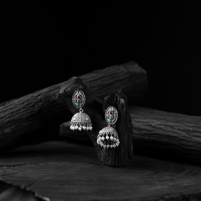 Saanjh Bela Green & Red Stone Oxidised Jhumka Earrings