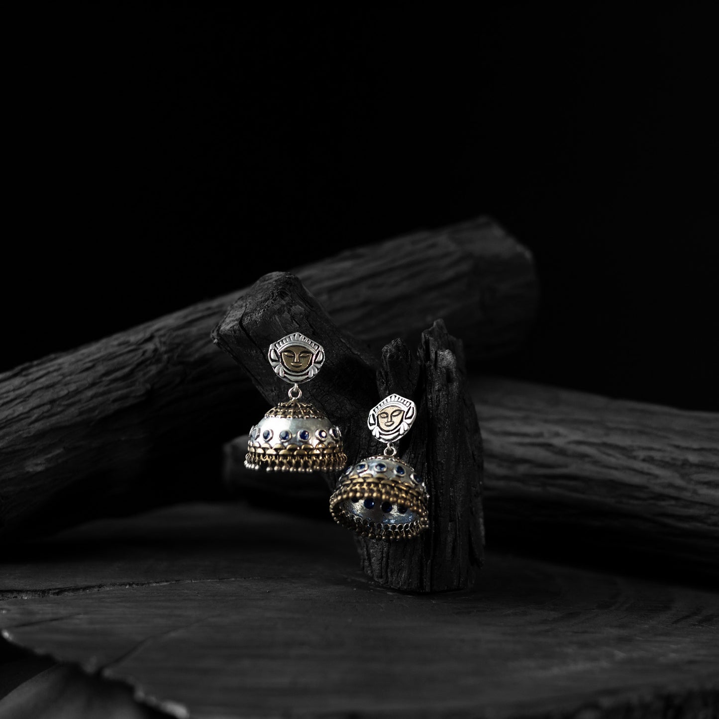 Saanjh Bela Blue Goddess Durga Oxidised Jhumka Earrings