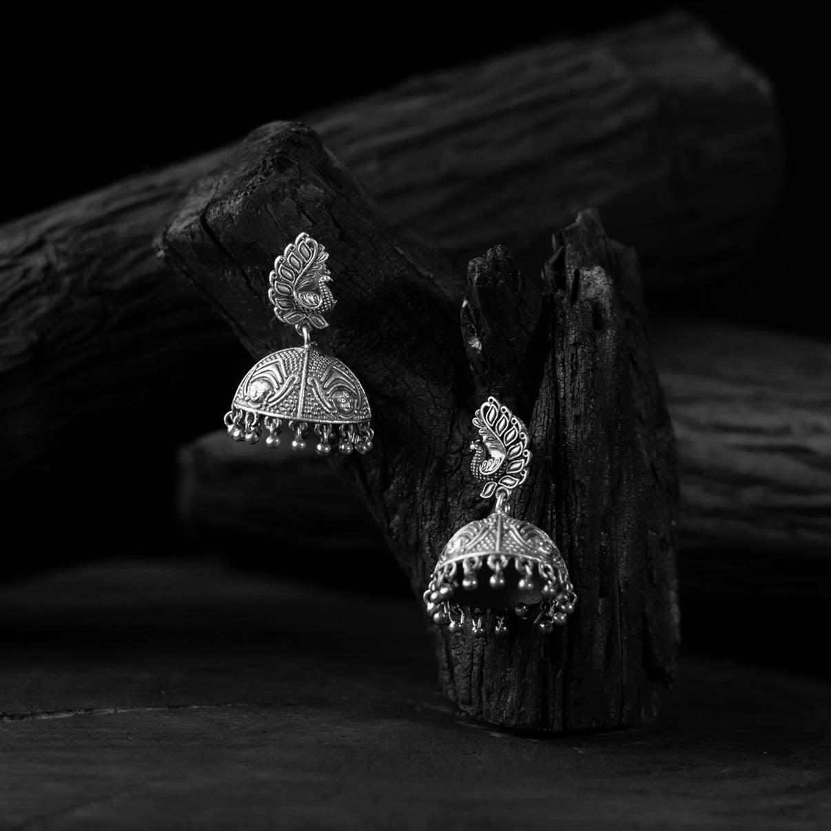 Saanjh Bela Mor Pankh Oxidised Jhumka Earrings