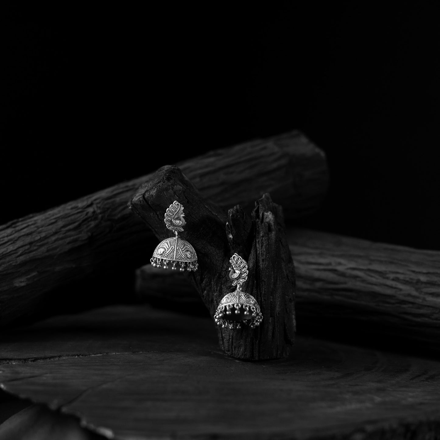 Saanjh Bela Mor Pankh Oxidised Jhumka Earrings