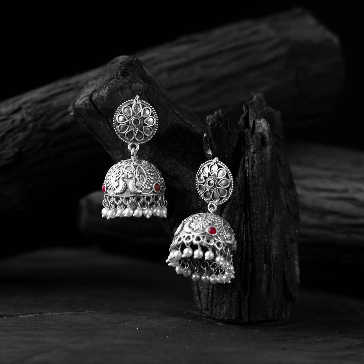 Saanjh Bela Blossom & Peacock Oxidised Jhumka Earrings