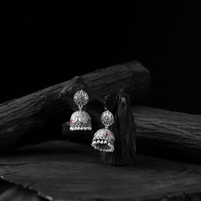 Saanjh Bela Blossom & Peacock Oxidised Jhumka Earrings