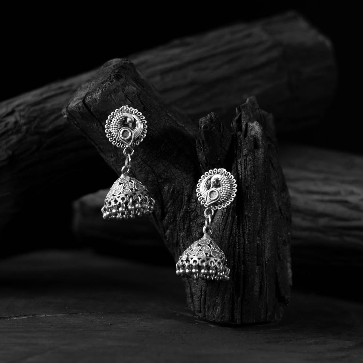 Saanjh Bela Peacock Motif Oxidised Jhumka Earrings