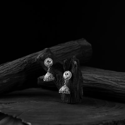 Saanjh Bela Peacock Motif Oxidised Jhumka Earrings