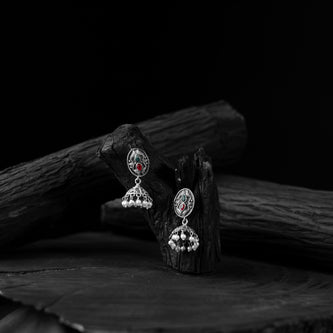Saanjh Bela Green & Red Oxidised Jhumka Earrings