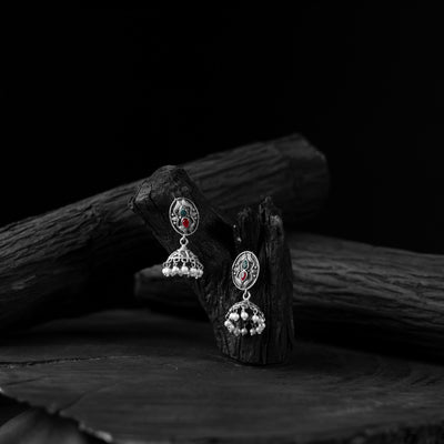 Saanjh Bela Green & Red Oxidised Jhumka Earrings